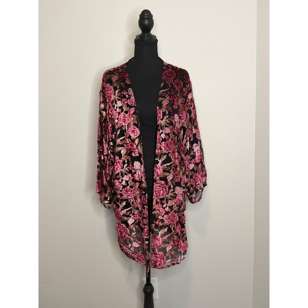 POL Floral Velvet Burnout Kimono Cardigan Pink Black Open Front S/M